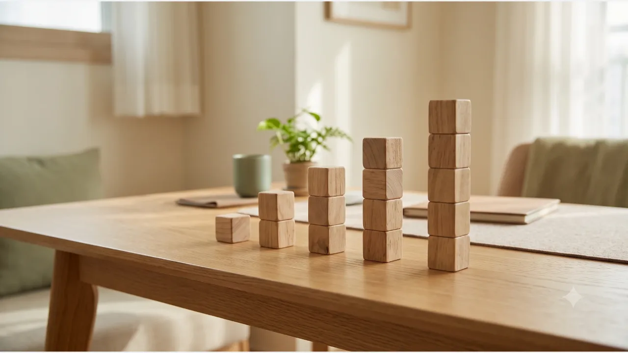 Five wooden block towers on an oak table, getting taller from left to right