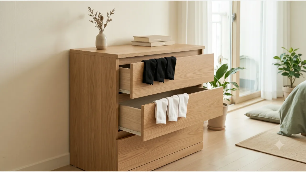 An oak chest of drawers with two drawers open, black socks in the upper one and white socks in the lower one