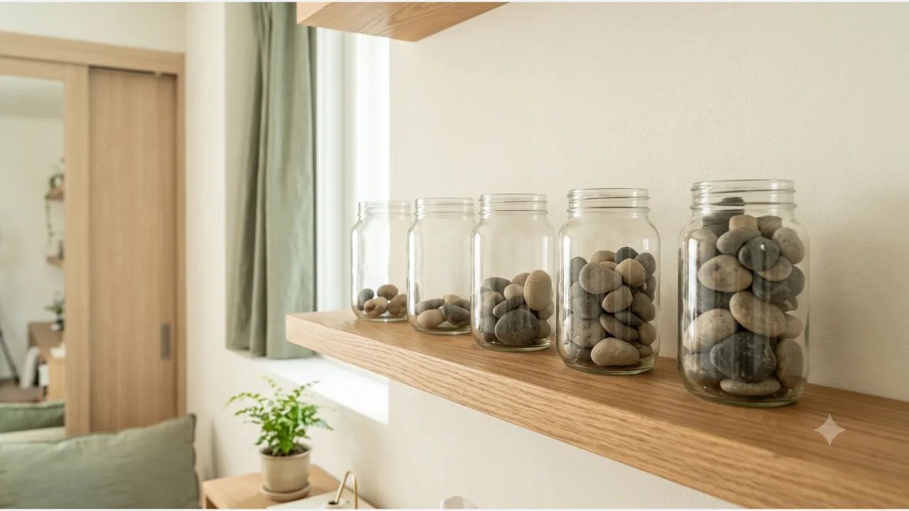 Five glass jars on an oak shelf, each holding more pebbles than the last