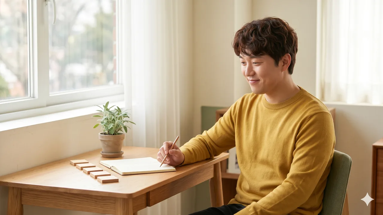 창가 오크 책상 앞에서 빈 나무 타일 다섯 개를 보며 연필을 쥔 머스터드색 니트 차림의 남성