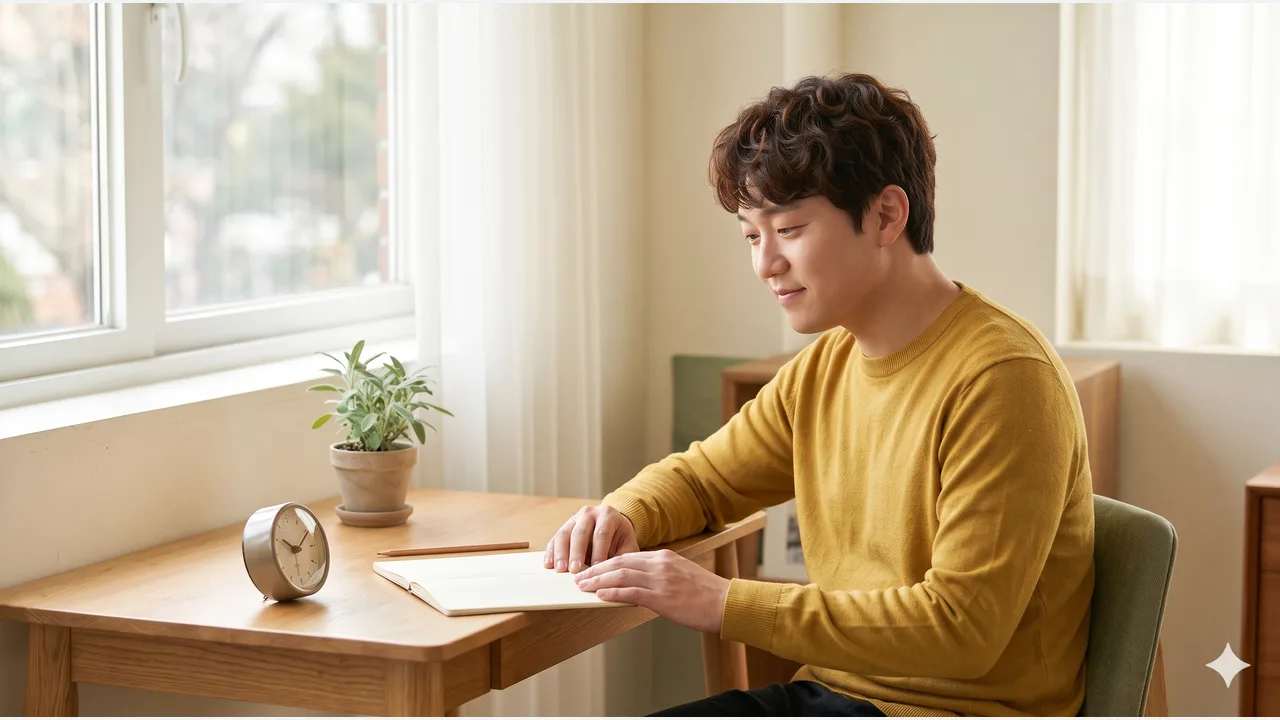 A man in a mustard knit sweater sitting at an oak desk by a window, looking at a table clock and an empty notebook