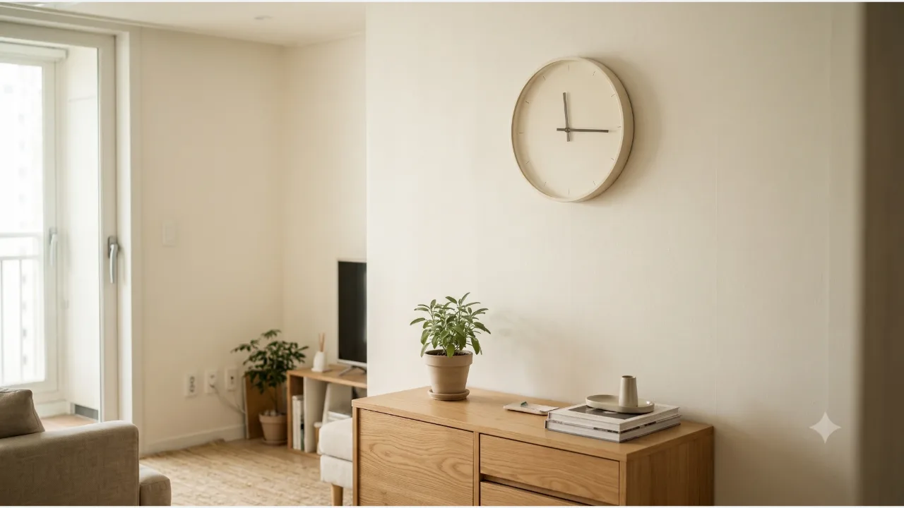 A round wall clock with no numbers on a cream wall above an oak cabinet, hands at about 3:15