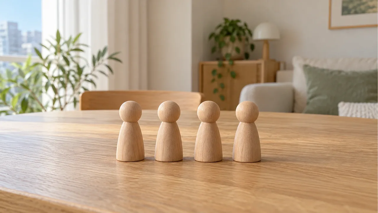 Four plain wooden pegs of equal height stand in a row on an oak table, with a cream sofa and sage cushion behind them.