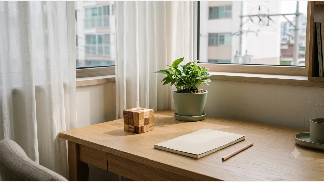 A wooden puzzle cube, a cream notepad, a pencil, and a sage plant on an oak desk by a window